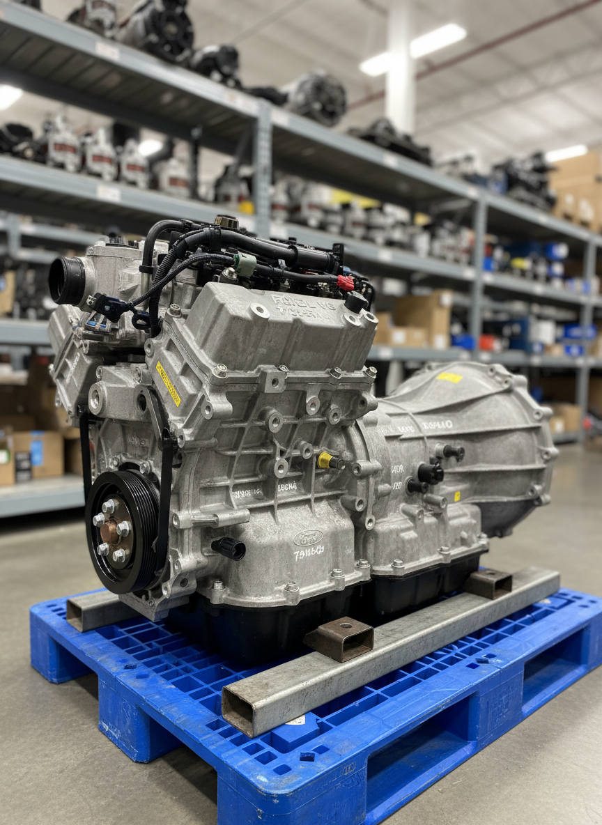 A close-up, highly detailed photographic image of a used OEM engine and transmission pair resting on a sturdy industrial pallet in a professional warehouse. The metal casings show light wear, subtle oil staining, and engraved part numbers, yet appear well-inspected and ready for installation. Surrounding shelves hold neatly arranged alternators, starters, and other components in the softly blurred background. Bright, neutral overhead lighting creates crisp reflections on polished bolts and wiring harness connectors, emphasizing quality and precision. Captured from a slightly low, three-quarter angle with moderate depth of field, the composition conveys technical reliability and mechanical expertise, ideal for a professional auto parts business site.