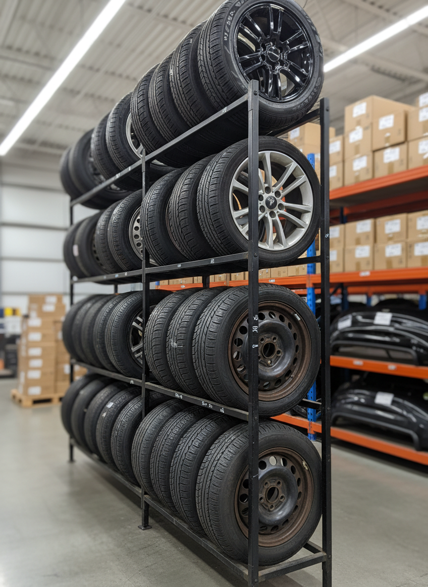 A photographic realism image of a neatly arranged rack of used OEM wheels and tires in a professional parts warehouse. Alloy and steel rims of various designs and diameters are mounted vertically on a dark metal display, their metallic finishes catching highlights from overhead LED strip lights. Some wheels show gentle road wear yet look structurally sound and carefully inspected. In the softly out-of-focus background, shelves of boxed lighting assemblies and neatly stacked bumpers hint at a broad inventory. Shot at a slightly elevated angle using the rule of thirds, the image balances technical detail with a clean, commercial atmosphere, conveying reliability and extensive selection.