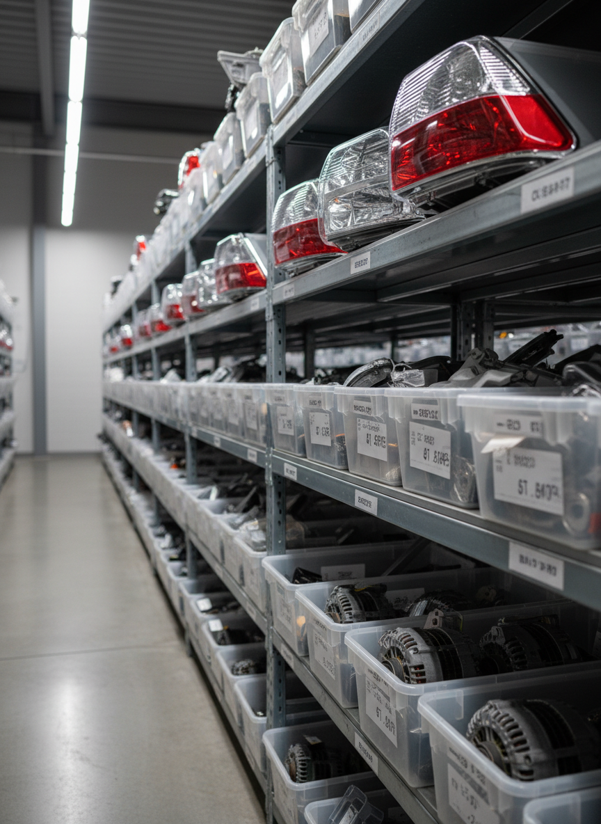 A clean, well-lit photographic image of a dedicated lighting and electronics section within a used OEM car parts warehouse. Clear plastic bins and shelves hold organized headlight and taillight assemblies, turn signals, fog lights, and alternators, each grouped by type and size. The translucent lenses and chrome reflectors catch cool white overhead light, creating subtle gleams and reflections. The concrete floor and neutral walls keep focus on the parts themselves. Captured at eye level with a medium-wide lens and gentle bokeh toward the back of the aisle, the composition suggests depth and abundance while maintaining a precise, professional mood suitable for a business-focused website.