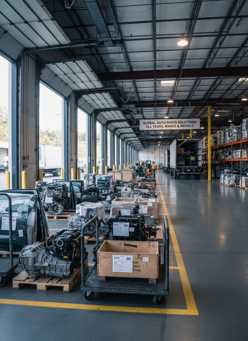 A panoramic photographic realism image of a professional used OEM car parts warehouse loading zone, emphasizing logistics and business reliability. Pallets stacked with shrink-wrapped engines, transmissions, and doors are arranged neatly beside a row of open bay doors, with sturdy metal carts and labeled crates ready for shipment. Soft, cool daylight spills in from the open doors, blending with overhead warehouse lighting to create clear, even visibility. The camera is positioned at a low angle looking slightly upward down the line of bays, using strong leading lines of the floor markings and dock edges. The atmosphere feels organized, efficient, and trustworthy, underscoring the company’s capability to source and ship parts for all years, makes, and models.