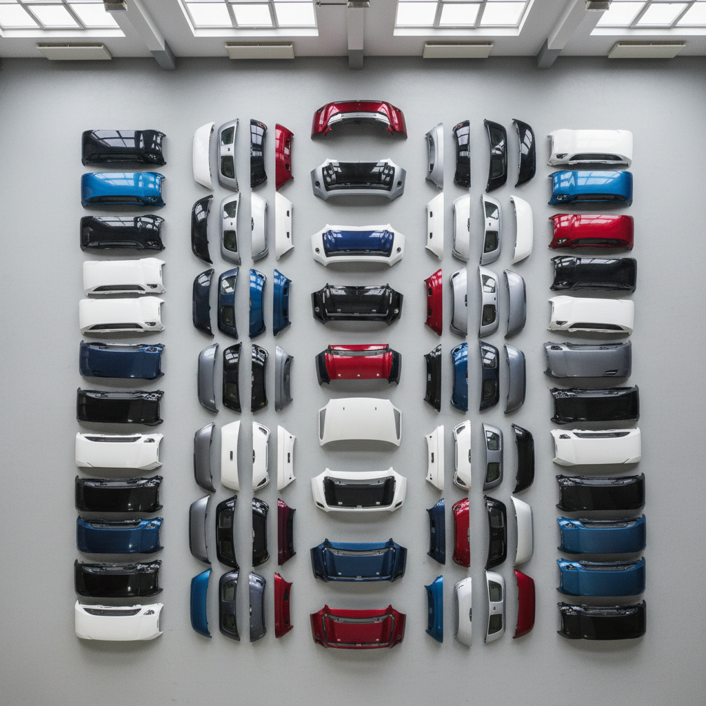 An overhead photographic view of a selection of used OEM body parts laid out on a clean, light gray workshop floor: color-varied doors, bumpers, hoods, fenders, and mirrors from multiple makes and model years. Each part is aligned in straight, tidy rows, showing different paint colors, textures, and subtle signs of previous use without appearing damaged. Soft diffused light from high windows and ceiling fixtures creates gentle shadows and a neutral, accurate color rendition. The composition uses a grid-like arrangement, evoking order, inventory depth, and choice. The mood is professional and reassuring, suggesting a comprehensive, well-maintained stock for collision repairs and restorations.