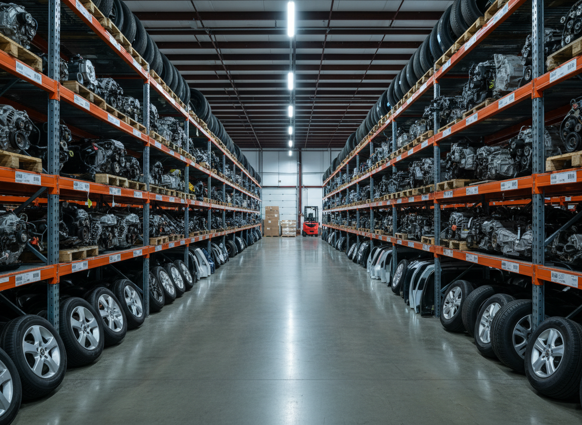 A wide, photographic realism view of a meticulously organized used OEM car parts warehouse. Long rows of heavy-duty steel shelves are stacked with clean, labeled engines, transmissions, alternators, doors, bumpers, lights, hoods, and wheels for diverse vehicle makes and model years. The concrete floor is spotless and slightly reflective, emphasizing professionalism. Cool, bright overhead LED lights create even, shadow-free illumination, revealing metallic textures, painted surfaces, and rubber components. Shot at eye level with a deep depth of field, the composition leads the eye down the central aisle toward a neatly arranged loading area in the distance. The mood is efficient, trustworthy, and businesslike, highlighting this space as a one-stop shop for quality used OEM parts.