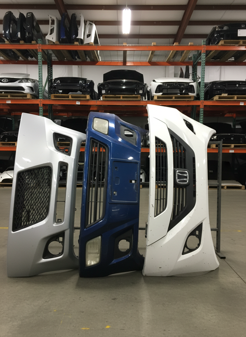 A detailed photographic close-up of a matched set of used OEM front and rear bumpers from different vehicle brands, standing upright against a tidy warehouse shelving unit. The bumpers display various factory paint colors—metallic silver, deep blue, solid white—with minor scuffs and road wear that indicate genuine usage yet solid structural integrity. Overhead industrial lights provide consistent, bright illumination, highlighting curves, mounting points, and grille openings. The background includes softly blurred shelves of additional body panels and hoods, reinforcing inventory depth. Framed from a straight-on, slightly elevated angle with sharp focus on textures and edges, the mood is practical and professional, emphasizing quality and authenticity.